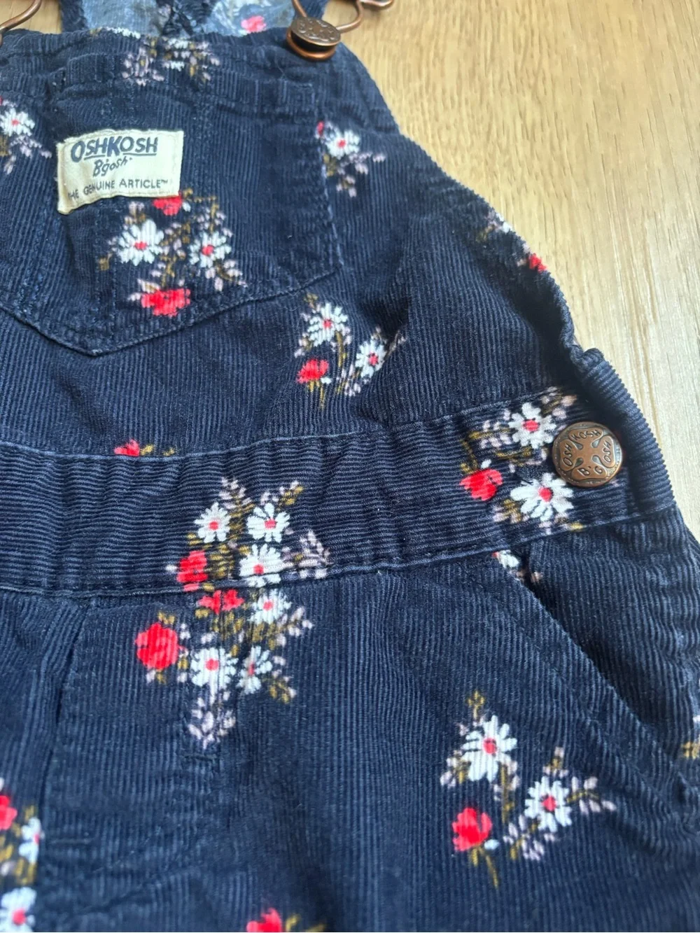 OshKosh B'gosh Navy Floral Button Legs Corduroy Baby Kids Overalls 24 months